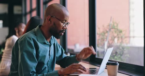 Business man, stress on laptop and cafe for remote work fail, mistake or news of bankruptcy