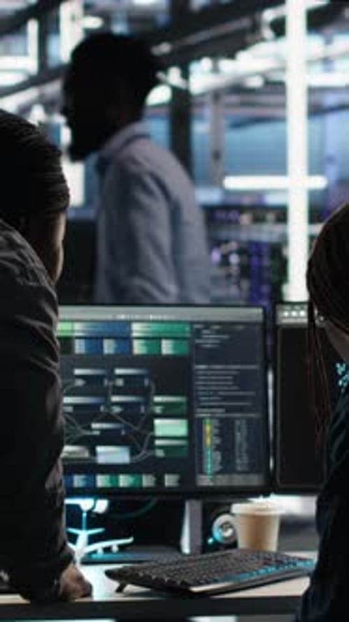 Vertical Video Data Center Teamworking Colleagues Use Node Tree Program