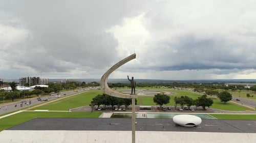 Aerial View of Modern City with Architectural Sculpture