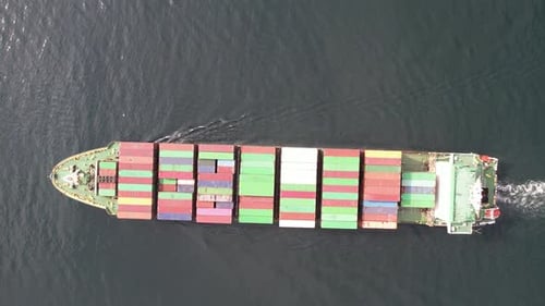 Top down view of a large bulk container ship.