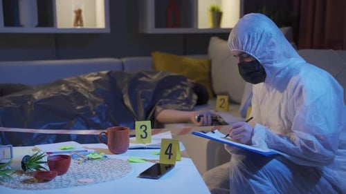 Investigator Examines Crime Scene, Takes Notes