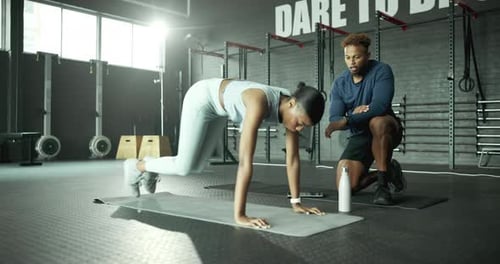 Woman, mountain climbers and personal trainer for gym fitness with exercise