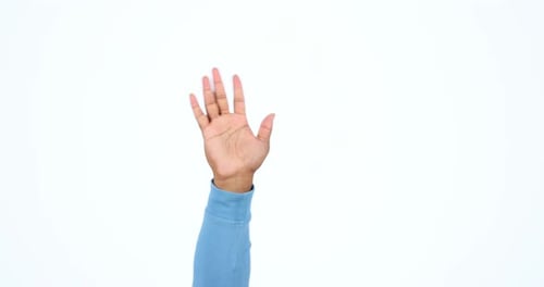 Hand, hello and person in studio with greeting wave, gesture or welcome sign closeup on white