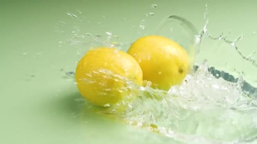 Two Lemons Splashed with Water in Slow Motion
