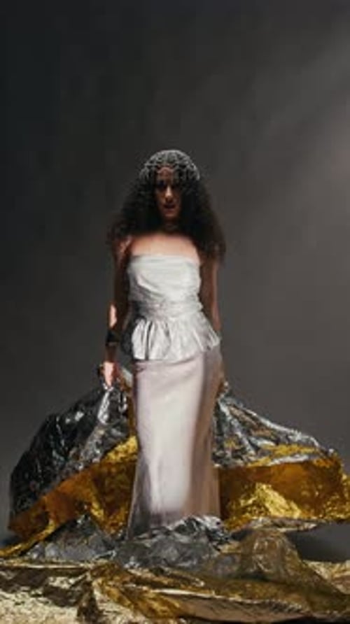 Gorgeous Biracial Model in Silver Dress Posing in Professional Photo Studio