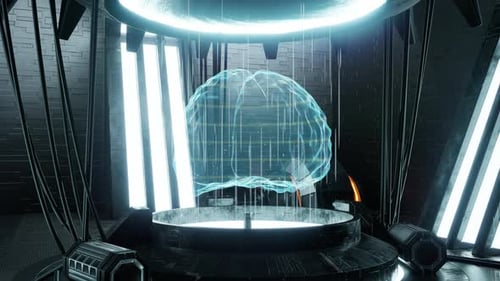 Artificial Intelligence Brain Hologram in Futuristic Lab