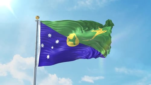 Christmas Island Flag Waving in Realistic Blue Sky