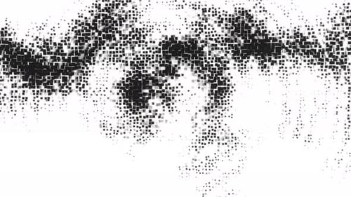 Abstract Black Pixel Disintegration Effect with Square Particles on White Background.