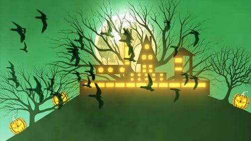 Spooky Halloween Haunted House with Flying Bats Animation