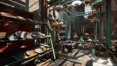 Sundrenched Street Lined with Vintage Pottery and Glowing Lanterns