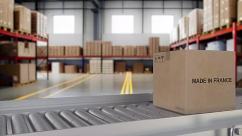 Made in FRANCE Import and Export Concept Cardboard Boxes with Product From France on the Roller