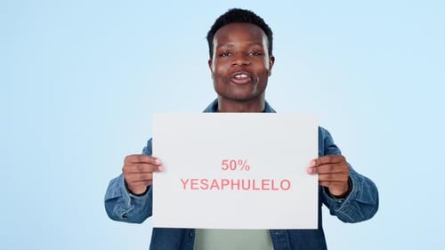 Discount, poster and face of happy black man in studio with retail, fashion
