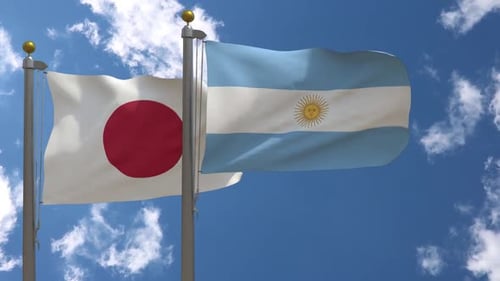 Realistic Japan and Argentina Flags Waving Animation