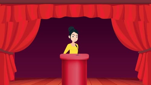 Animated Flat Design Woman Presenting at a Podium