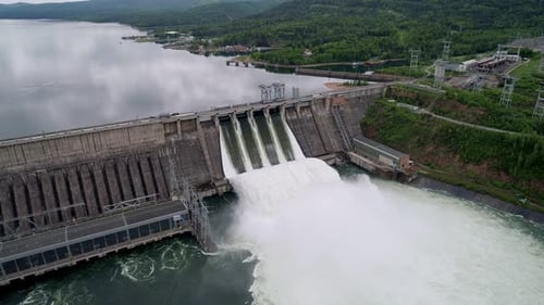Aerial View of Water Discharge at Hydroelectric Power Plant