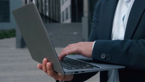 Close Up Male Hands Typing Laptop in City Unrecognizable Business Man Holding Wireless Computer