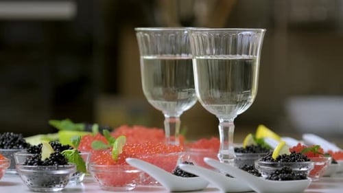 Champagne and caviar rotate. Tasting salmon red caviar and black beluga sturgeon salted roe