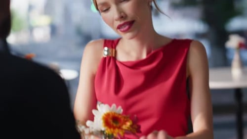 Dreamy Woman Looking Boyfriend Sitting Together at Cozy Cafeteria Closeup