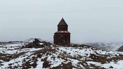 Aerial view of Kars historical Ani Ruins region in winter