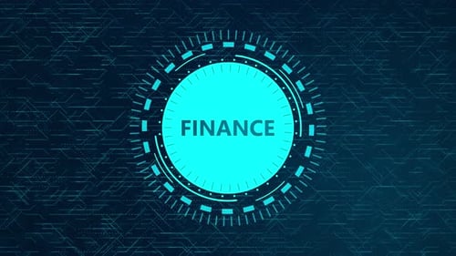Futuristic Finance Concept with Rotating HUD Elements and Circuitry Design