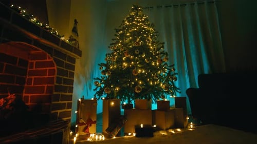 Christmas Tree and Presents by the Fireplace