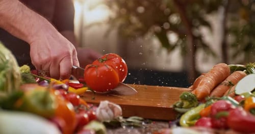 Man's hand cutting tomato