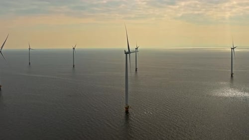 Aerial View of Offshore Windmill Park with Blue Sky Windmill Park in the Sea Aerial View of Wind