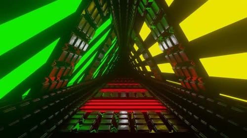Rotes, grünes und gelbes rotierendes, leuchtendes Display, dreieckiger Tunnelhintergrund, VJ Loop in 4K