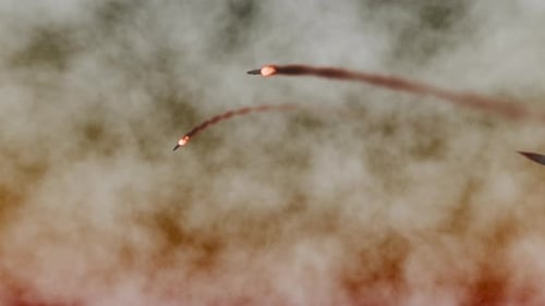Missiles Streaking Through Smoky Sky with Fiery Trails