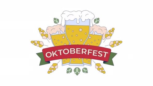 Oktoberfest party logo with fresh beer and ribbon cartoon animation