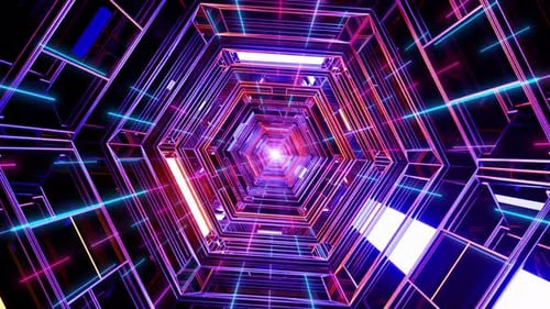 4K Dark Tone Cool Red And Blue Glare Science Fiction Technology Matrix Line Metal Tunnel Shuttle