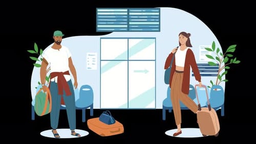 Diverse travelers waiting at an airport lounge with luggage.