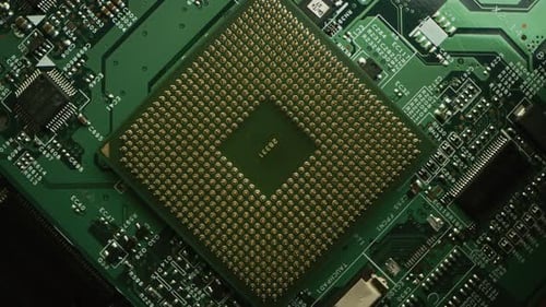 Computer Motherboard, Focus on CPU Processor Socket. Printed Circuit Board: Inside of Electronic De