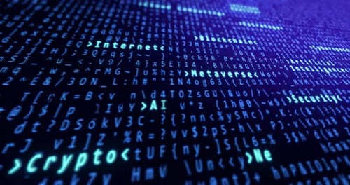 Código binario con texto criptográfico, ai, metaverso, cadena de bloques, Internet, red y seguridad.