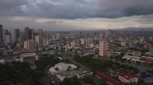 Aerial Panoramic View of Metropolis at Twilight Various Town Development in City Pasig River Flowing