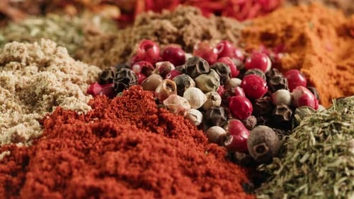 Mix Spices Dried Pink Black Pepper Green Dill Red Paprika Yellow Turmeric Garlic Salt Closeup Macro