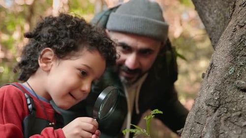 Découverte de la nature : un enfant explore à la loupe, guidé par son père