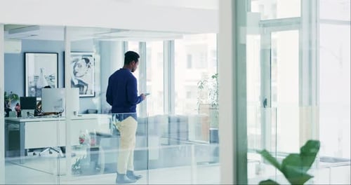 Office, walking and a black man with a phone for an email check, communication or social media