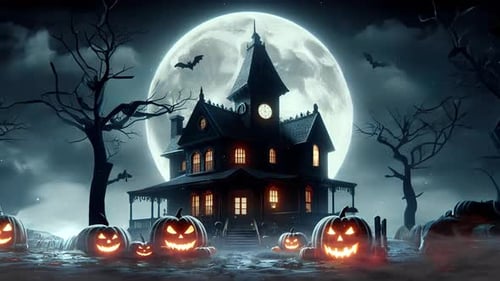 Halloween with castle, bats and pumpkins under the spooky full moon light