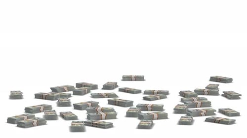 Money Stacks Appearing and Accumulating on White Background