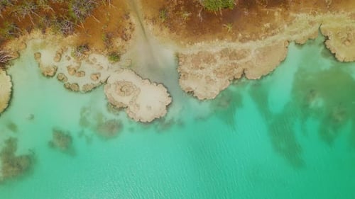 Vue aérienne des eaux turquoises et du rivage rocheux de Bacalar Lagoon of Seven Colors, Mexique
