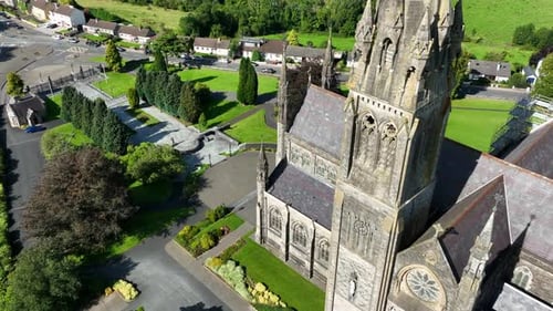 St. Cathedral, County Monaghan, Ireland, September 2022. Drone orbits clockwise pushing closer while