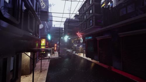 Rainy Cyberpunk City Street with Neon Lights