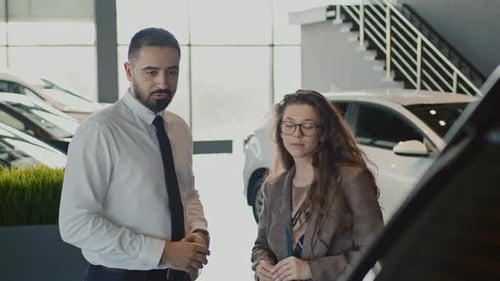 Car Salesman Talking With Customer in Dealership