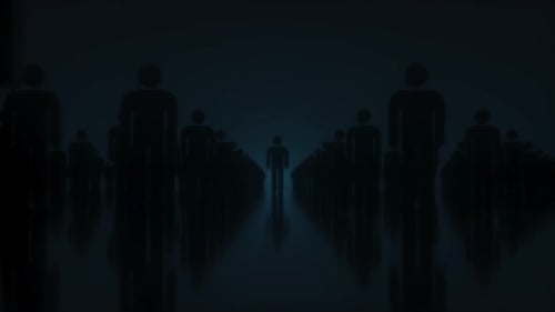 Glowing Figure Among Dark Silhouettes