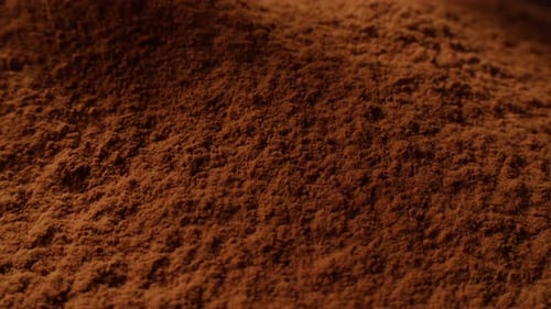 Cocoa Powder Texture on Wooden Background Spoon with Aromatic Coffee Cacao Chocolate Macro Close Up