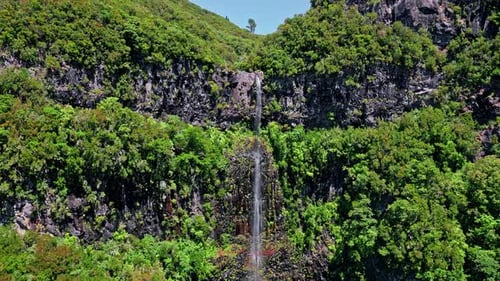 Tropical Waterfall Flowing Down on Sunny Day Mountain Water Stream Falling