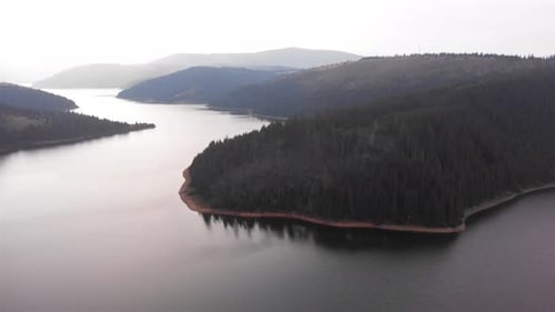 Aerial Footage of Large Lake and mountains surrounded by Pine Forest