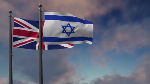 Waving Flags of United Kingdom and Israel against a Cloudy Sky