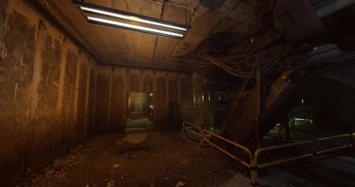 Silent Underground Tunnel with Leaking Pipes and Eerie Lighting